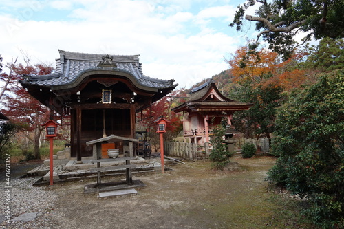 Benzaiten Subordinate Shrine and autumnal leaves in the precincts of Manjyu-in Temple in Kyoto City in Japan                                                                      