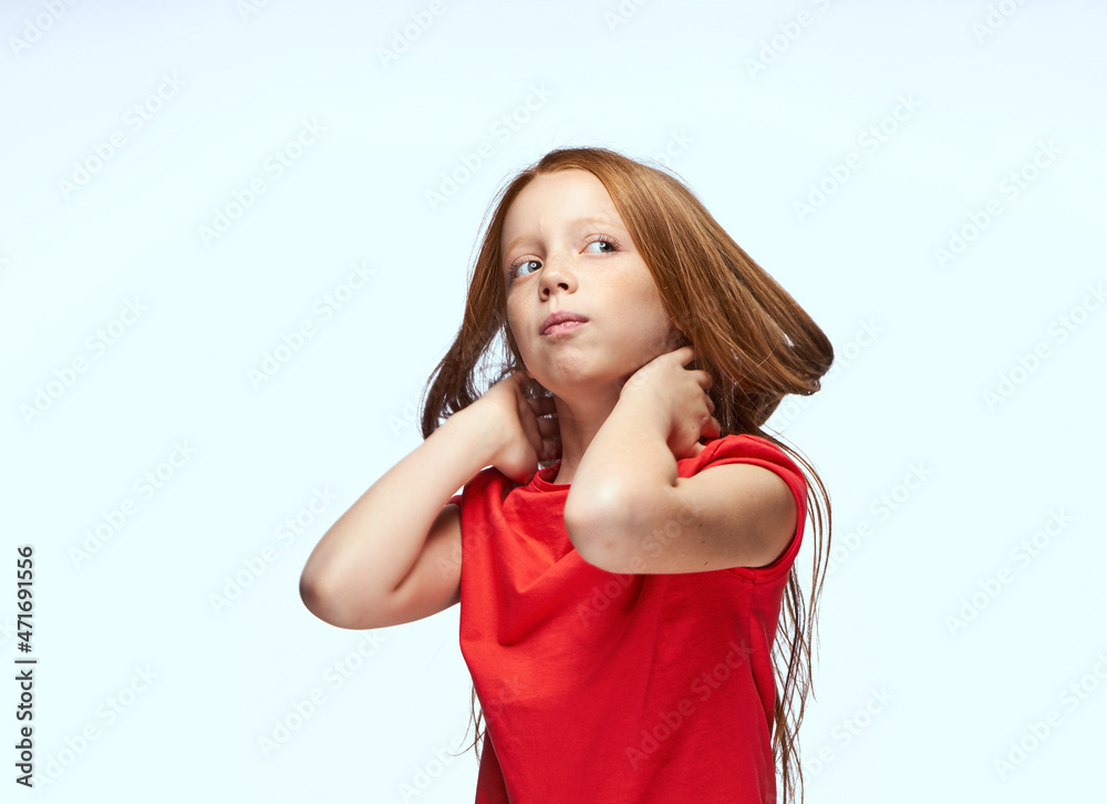 girl with red hair posing red t-shirt childhood girl with red hair posing red t-shirt childhood