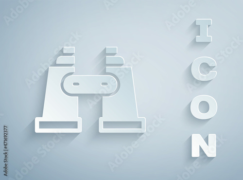 Paper cut Binoculars icon isolated on grey background. Find software sign. Spy equipment symbol. Paper art style. Vector