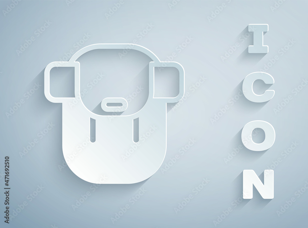 Paper cut Hiking backpack icon isolated on grey background. Camping and mountain exploring backpack. Paper art style. Vector Paper cut Hiking backpack icon isolated on grey background. Camping and mountain exploring backpack. Paper art style. Vector