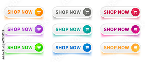 Shop now. Set of button shop now or buy now. Modern collection for web site. Vector illustration.