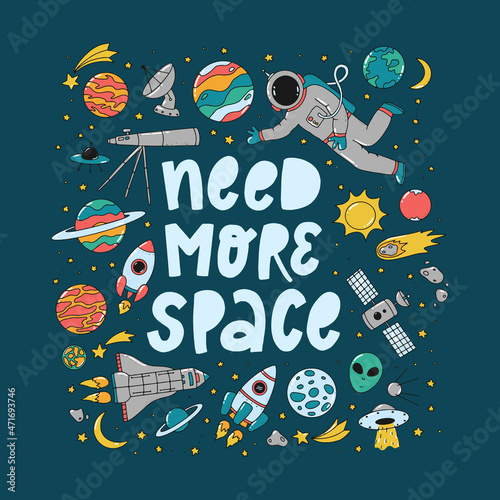 Lettering quote  Need more space  decorated with hand drawn space doodles for nursery posters  prints  cards  kids apparel  icons  stickers  etc. EPS 10