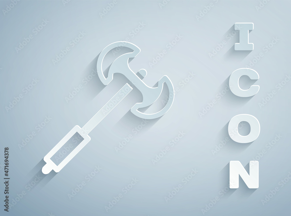 Paper cut Medieval poleaxe icon isolated on grey background. Paper art style. Vector Paper cut Medieval poleaxe icon isolated on grey background. Paper art style. Vector