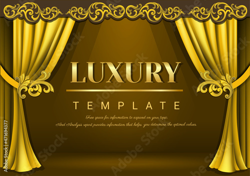 Golden curtain with Baroque ornament. Square theater background. Artistic poster
