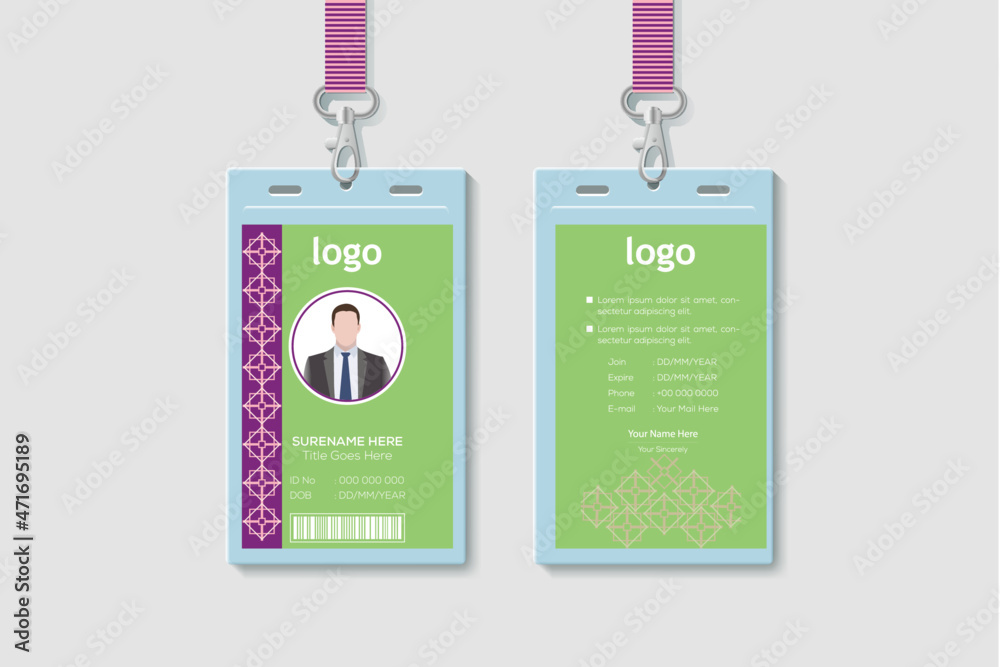 Modern And Clean Office Vertical Double-sided ID Card Design Template. Flat Identity Card Design Vector Illustration Modern And Clean Office Vertical Double-sided ID Card Design Template. Flat Identity Card Design Vector Illustration