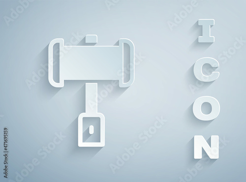 Paper cut Medieval battle hammer icon isolated on grey background. Paper art style. Vector