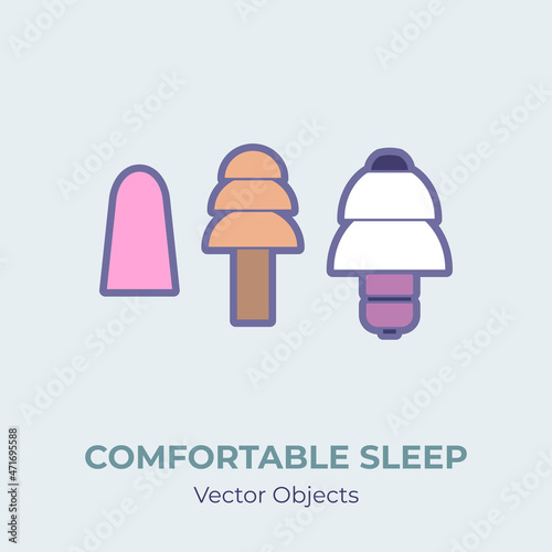Sleep earplugs vector isolated. Comfortable sleep illustration item vector, good sleep. Cartoon concept ear plugs set with noise cancellation against sleep disorder insomnia depression. Self helping