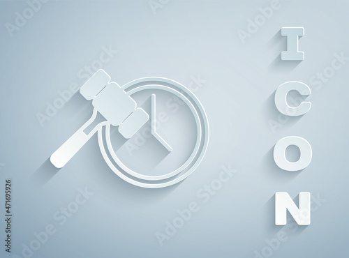 Paper cut Auction hammer icon isolated on grey background. Gavel - hammer of judge or auctioneer. Bidding process, deal done. Auction bidding. Paper art style. Vector