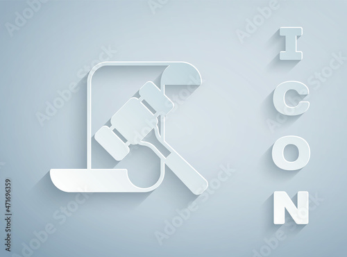 Paper cut Auction hammer icon isolated on grey background. Gavel - hammer of judge or auctioneer. Bidding process, deal done. Auction bidding. Paper art style. Vector