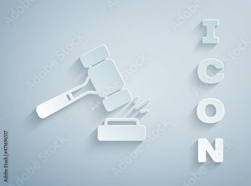Paper cut Auction hammer icon isolated on grey background. Gavel - hammer of judge or auctioneer. Bidding process, deal done. Auction bidding. Paper art style. Vector