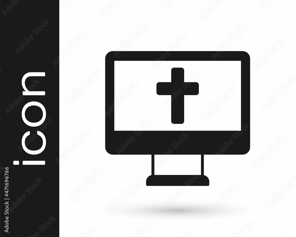 Black Christian cross on monitor icon isolated on white background. Church cross. Vector Black Christian cross on monitor icon isolated on white background. Church cross. Vector