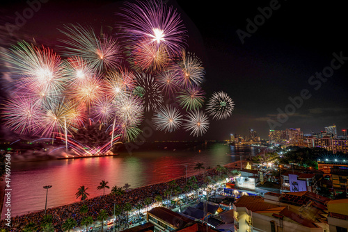 Firework festival on the beach in night at pattaya THAILAND