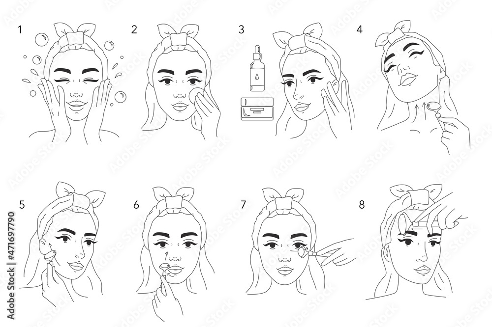 Facial massage step by step guide with quartz or jade roller. Skin care home procedure. Use for package for beauty tool. Vector stock outline illustration. Facial massage step by step guide with quartz or jade roller. Skin care home procedure. Use for package for beauty tool. Vector stock outline illustration.