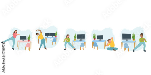 Office worker and doing exercises. Set. A young African American woman and a man doing exercises and warming up near a table with a computer. Fitness. Healthy lifestyle, workout at home.