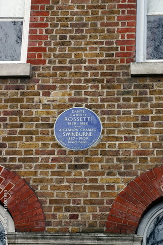 Blue plaque outside the home of Dante Gabriel Rossetti and Algemon Charls Swinburne, London, United Kingdom. photo