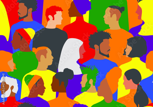 A variety of modern women and men of different nationalities and religions are painted in the colors of the rainbow. People seamless pattern. LGBT Pride Month. Vector.