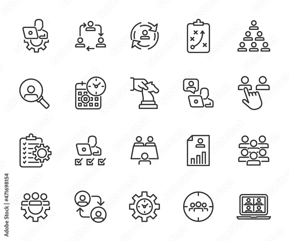 Vector set of management line icons. Contains icons project management, coordination, online meeting, personnel management, team, skills, time management, remote management and more. Pixel perfect.