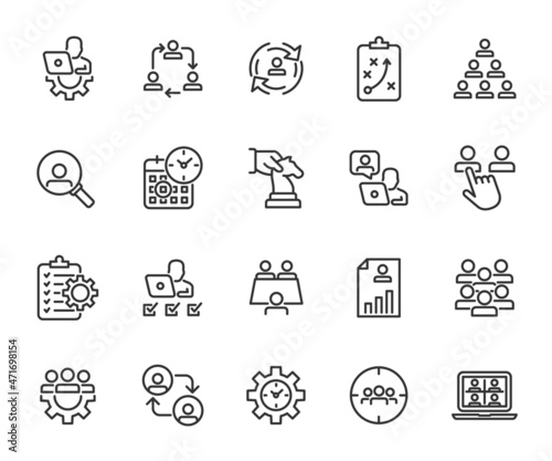 Vector set of management line icons. Contains icons project management, coordination, online meeting, personnel management, team, skills, time management, remote management and more. Pixel perfect.