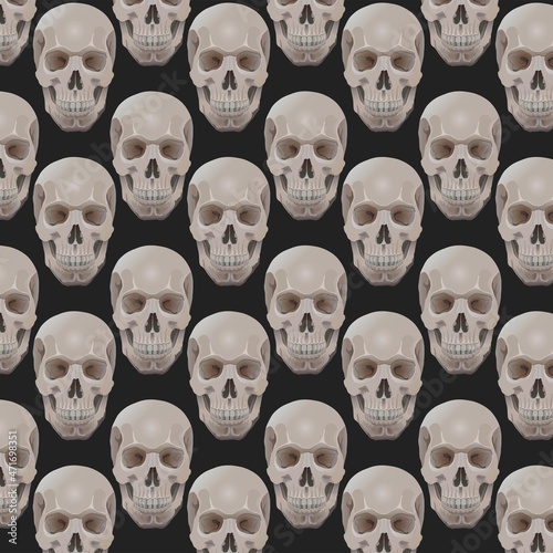 The pattern is seamless in vector. Human skulls are large against a background of black or dark gray. Backgrounds and wallpapers in vector. Backgrounds on fabric and in interior design.