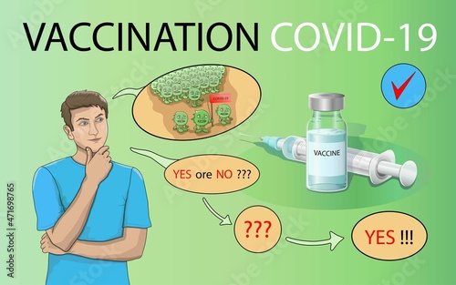 Medicine, healthcare and vaccination. Viruses and vaccinations. Illustration a person is thinking whether to vaccinate against the virus. Coronavirus COVID-19 . Medical posters and wallpapers.