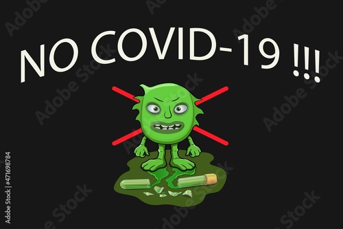 Medicine, healthcare, vaccination and viruses. A vector image with a cartoon COVID-19 virus with the inscription NO COVID-19 on a black background. Posters and wallpapers. Print on fabric.