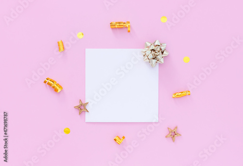 blank letterhead greeting card with gold sequins on pastel pink background with place for text © Екатерина Клищевник