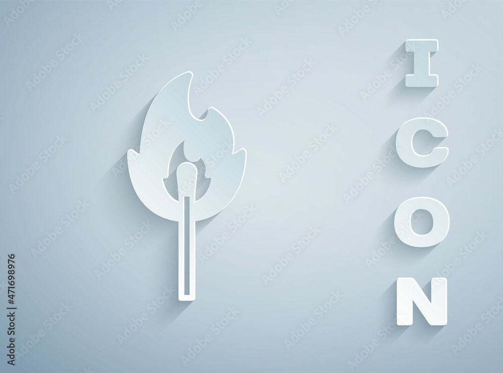 Paper cut Burning match with fire icon isolated on grey background. Match with fire. Matches sign. Paper art style. Vector Paper cut Burning match with fire icon isolated on grey background. Match with fire. Matches sign. Paper art style. Vector