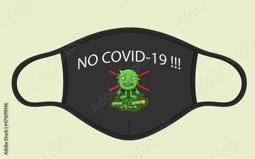 Medicine, healthcare, vaccination and viruses. The mask is black in a vector with the COVID-19 cartoon virus with the inscription NO COVID-19 on a black background. Posters and wallpapers. 