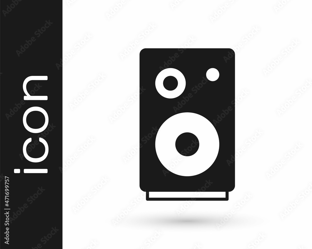 Black Stereo speaker icon isolated on white background. Sound system speakers. Music icon. Musical column speaker bass equipment. Vector Black Stereo speaker icon isolated on white background. Sound system speakers. Music icon. Musical column speaker bass equipment. Vector