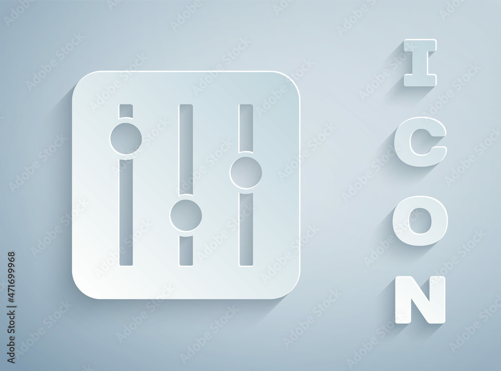 Fototapeta premium Paper cut Sound mixer controller icon isolated on grey background. Dj equipment slider buttons. Mixing console. Paper art style. Vector