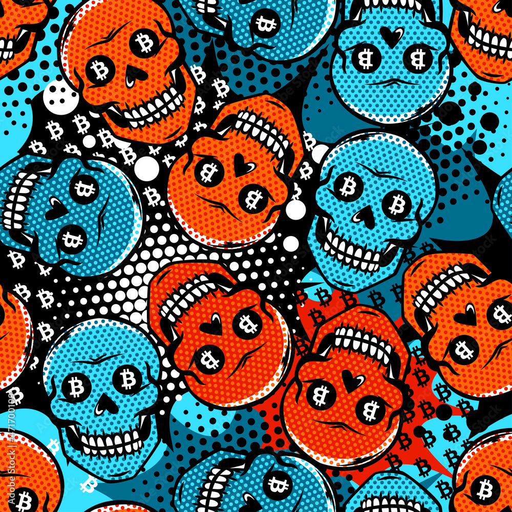 The trendy pop art style pattern with laughing skulls dreaming of earning bitcoins The trendy pop art style pattern with laughing skulls dreaming of earning bitcoins
