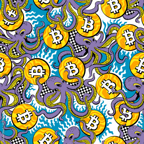 Amazing seamless pattern with octopuses juggling bitcoins