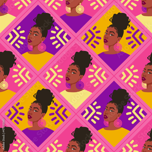 Abstract pattern with amazingly beautiful black women and geometric elements.