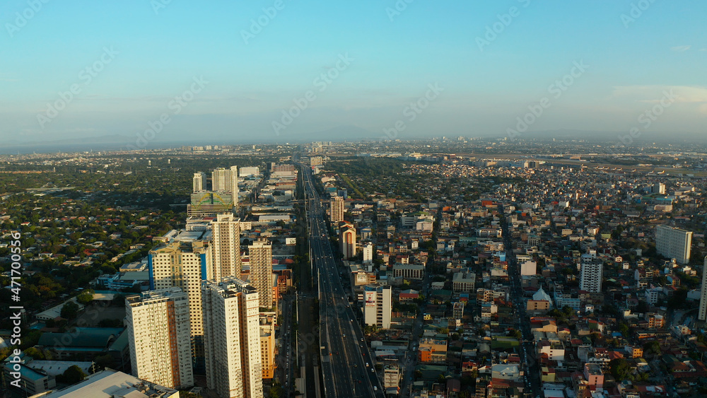 The city of Manila, the capital of the Philippines. Modern metropolis, top view. Modern buildings in the city center.