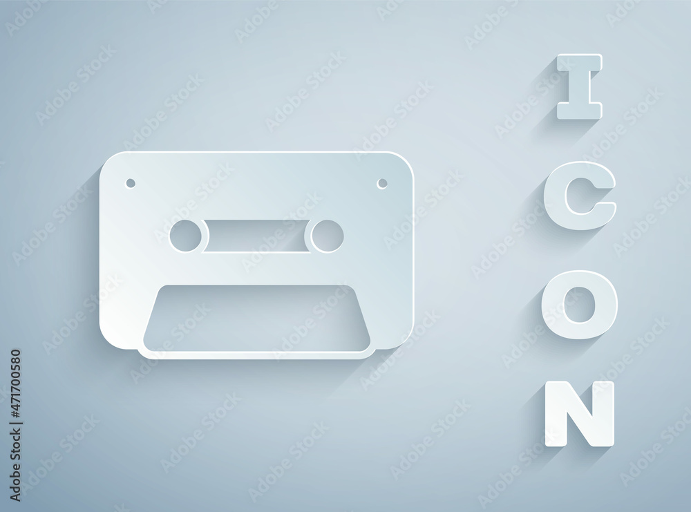 Paper cut Retro audio cassette tape icon isolated on grey background. Paper art style. Vector Paper cut Retro audio cassette tape icon isolated on grey background. Paper art style. Vector