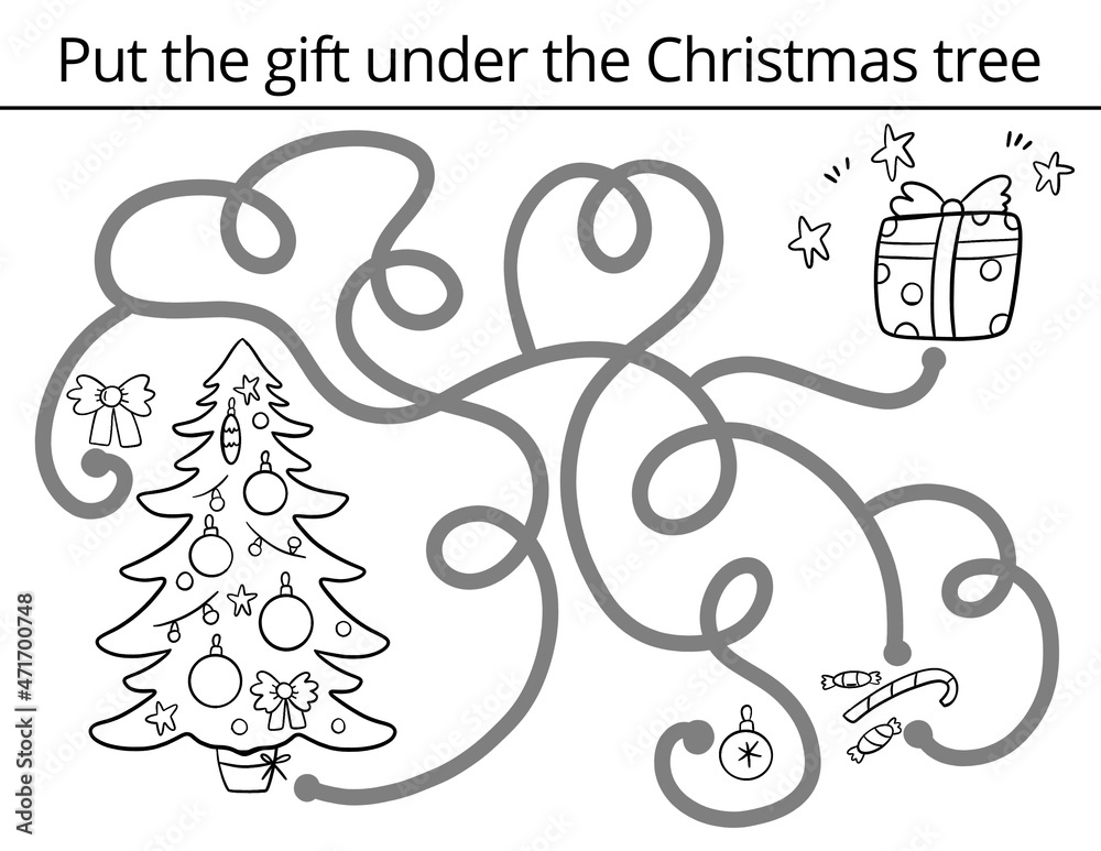 Christmas maze for coloring book. Simple new year maze for kids.