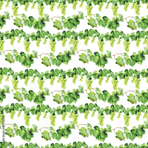 Watercolor seamless pattern with wine products, grape brushes, branches and leaves of various grape varieties