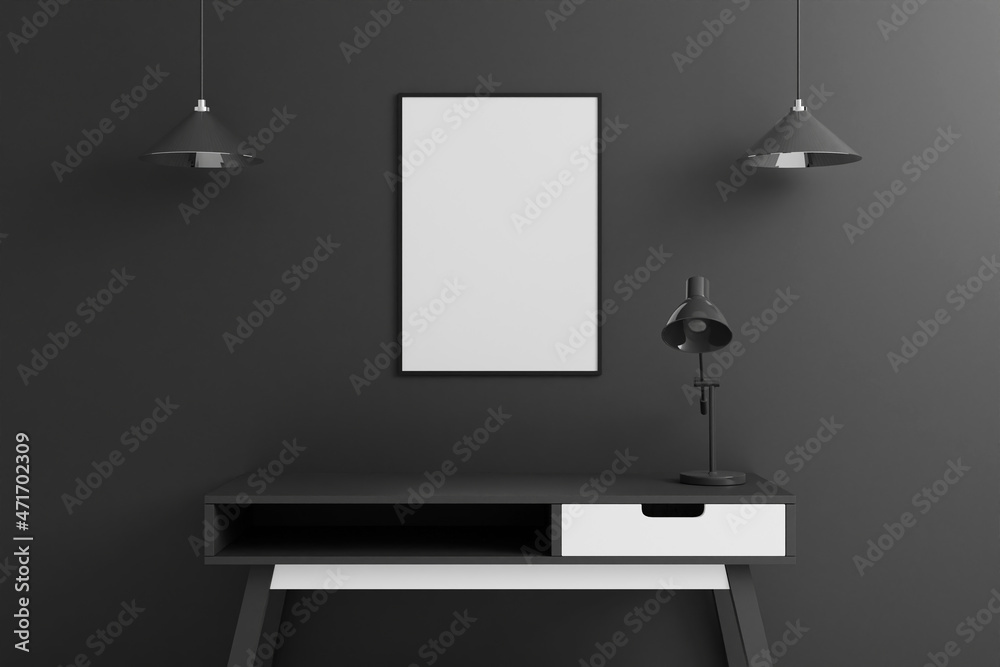 Black vertical poster or photo frame mockup with table in living room interior on empty black wall background. 3D rendering. Black vertical poster or photo frame mockup with table in living room interior on empty black wall background. 3D rendering.