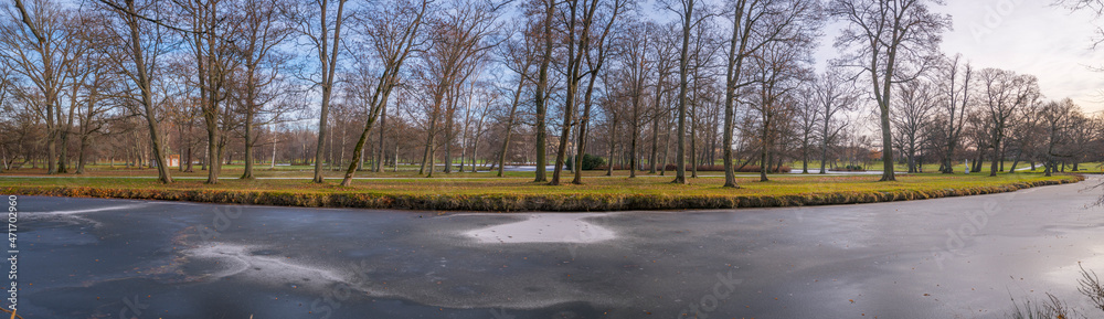 Frozen dams and bare trees an autumn day at the island Drottningholm in Stockholm