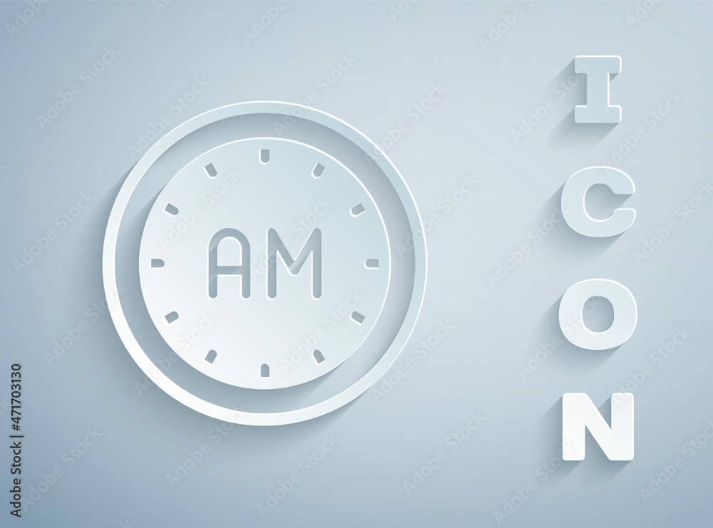 Paper cut Morning time icon isolated on grey background. Time symbol. Paper art style. Vector Paper cut Morning time icon isolated on grey background. Time symbol. Paper art style. Vector