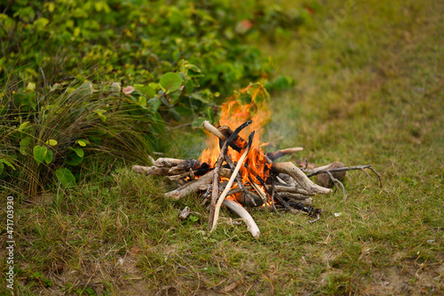 Campfire and flame rest time on sea coast. photo