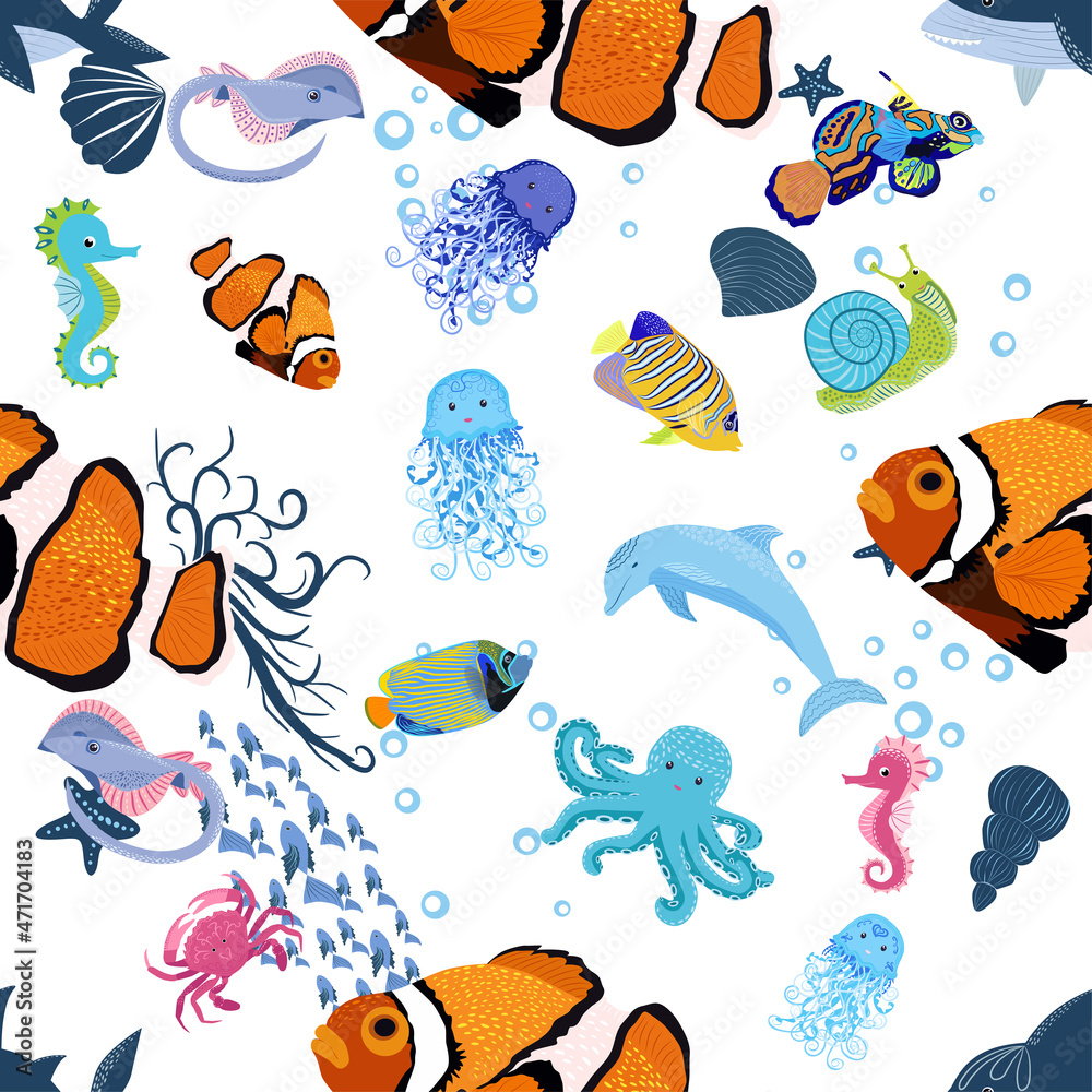 Marine life, fish, animals bright seamless pattern. sea travel, underwater diving animal tropical fish. Jellyfish, whale, shark, seahorse, clown fish, dolphin, turtle, emperor