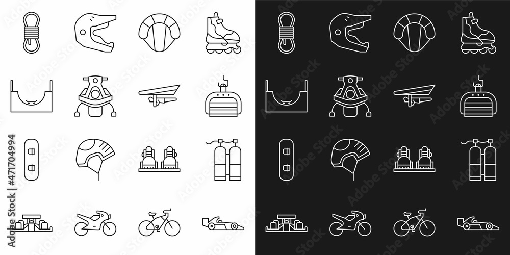 Set line Formula 1 racing car, Aqualung, Ski lift, Parachute, Snowmobile, Skate park, Climber rope and Hang glider icon. Vector