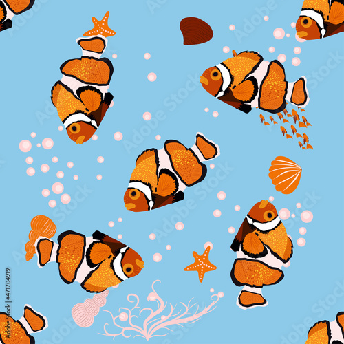 Amphiprion, Orange bright sea dweller clown fish surrounded by water bulbs, hand drawn