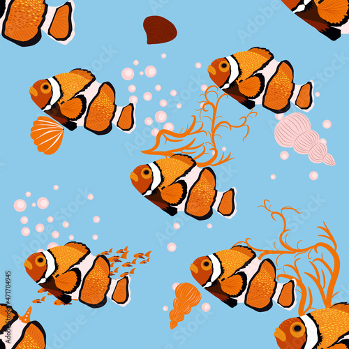 Amphiprion, Orange bright sea dweller clown fish surrounded by water bulbs, hand drawn