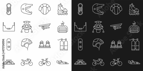 Set line Formula 1 racing car, Aqualung, Ski lift, Parachute, Snowmobile, Skate park, Climber rope and Hang glider icon. Vector