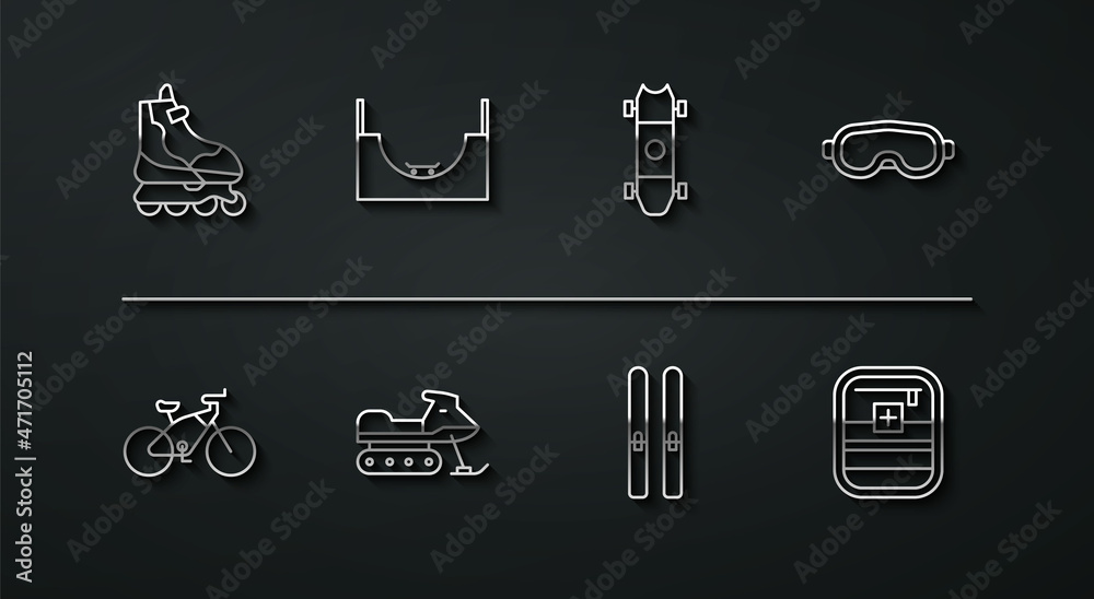 Set line Roller skate, Bicycle, Ski goggles, and sticks, Snowmobile, Skate park, First aid kit and Longboard or skateboard icon. Vector Set line Roller skate, Bicycle, Ski goggles, and sticks, Snowmobile, Skate park, First aid kit and Longboard or skateboard icon. Vector