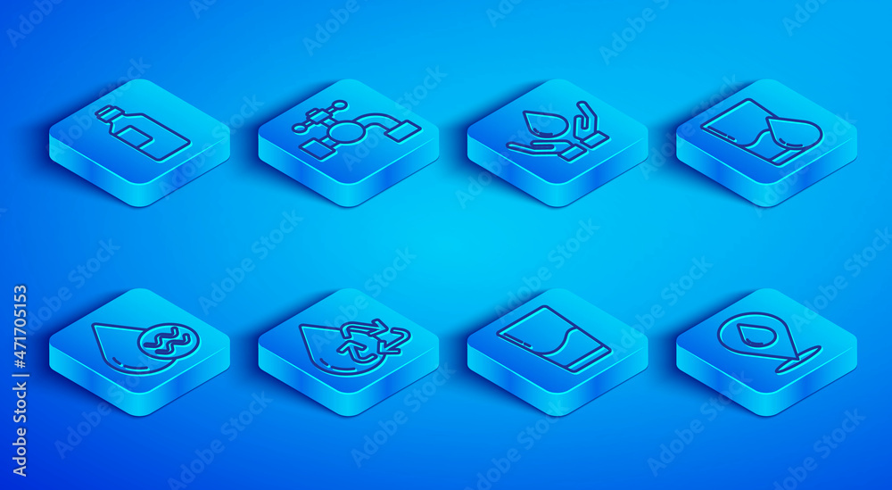 Set line Bottle of water, Water tap, Washing hands with soap, Recycle clean aqua, Glass, and drop location icon. Vector