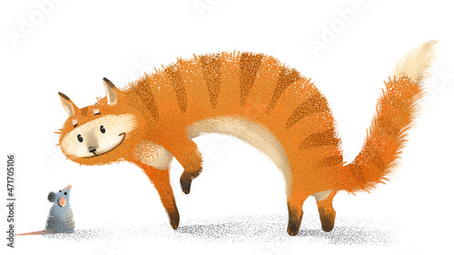 ginger cat looks curiously at a gray mouse, soft positive drawing on a white background