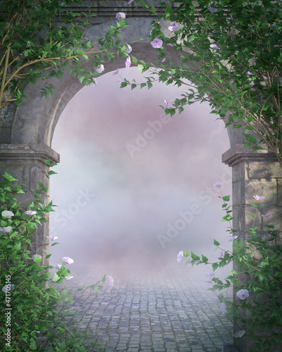 Fototapeta Romantic stone archway and pink flowering hibiscus bushes
